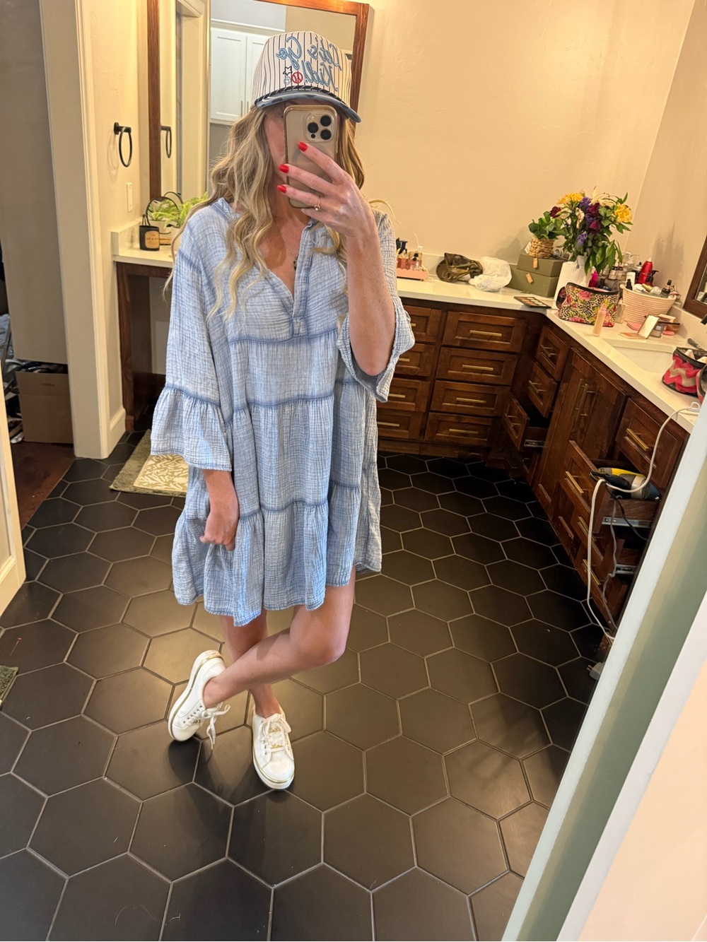 Light Blue cotton gauze tiered dress, oversized boho mini dress